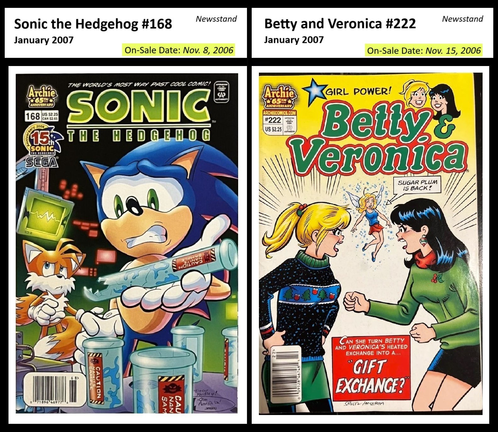 Pivot point from Sonic the Hedgehog 168 dual-price newsstand to Betty and Veronica 222 single-price newsstand