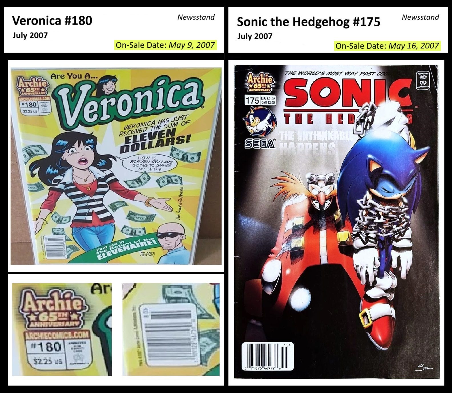 Pivot point from Veronica 180 single-price newsstand to Archie's Pal Jughead Comics 181 dual-price newsstand